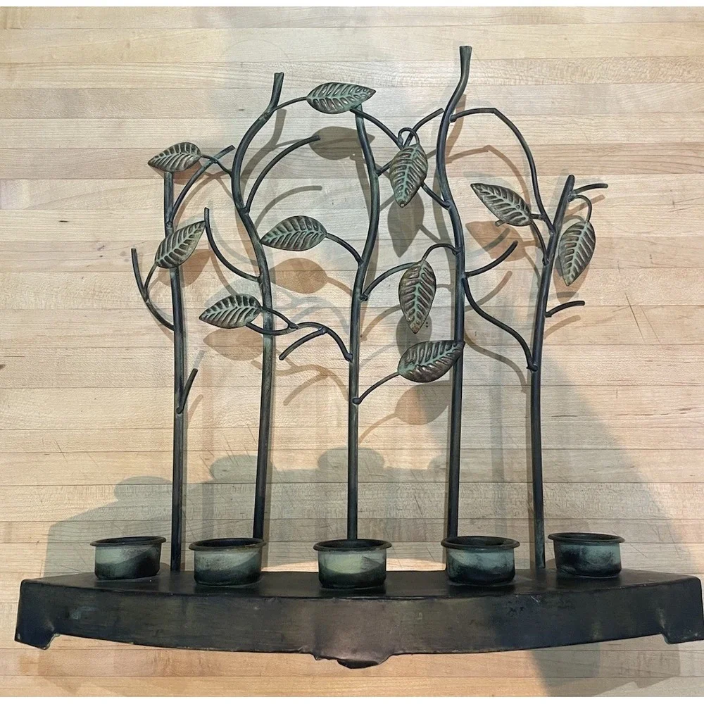 Bronze & Green Twig & Leaf Metal Tea Light 5 Candle Holder Rustic Decor Mantle